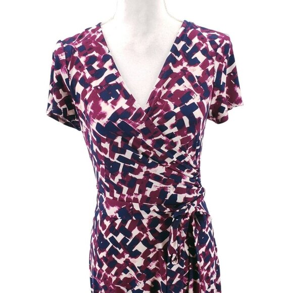 Eliza J Faux Wrap Brushstroke Print Jersey Dress Belted Purple Blue EUC Size 6